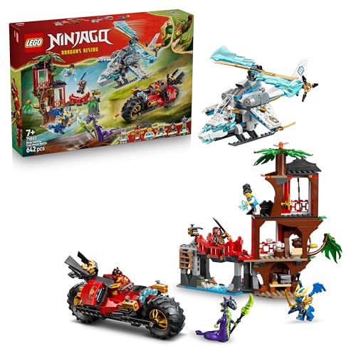 LEGO Ninjago Batalla de Vehículos Ninja Junto a la Casa del Árbol - Moto y Helicóptero de Juguete - Minifiguras de Acción con Armas Ninja - Regalo para Niños 7+ Años - 71857