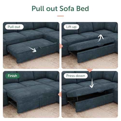 Image of HONBAY Modular Sectional Sleeper Sofa, Corduroy Sleeper Pull-Out Bed Couch with Storage, U Shaped Sectional Couches for Living Room, Blue