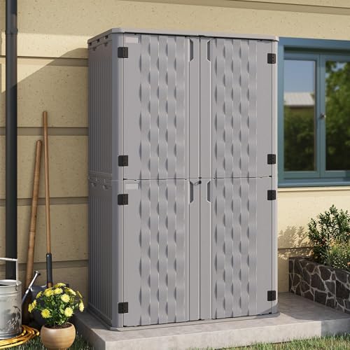 Image of UDPATIO 67 Cu.Ft Outdoor Storage Shed,Vertical Plastic Cabinet,Grey | HDPE,Easy to Assemble,Lockable,with Floor,Waterproof,Plastic Cabinet,Tool Shed,Garden,Backyard,Lawn