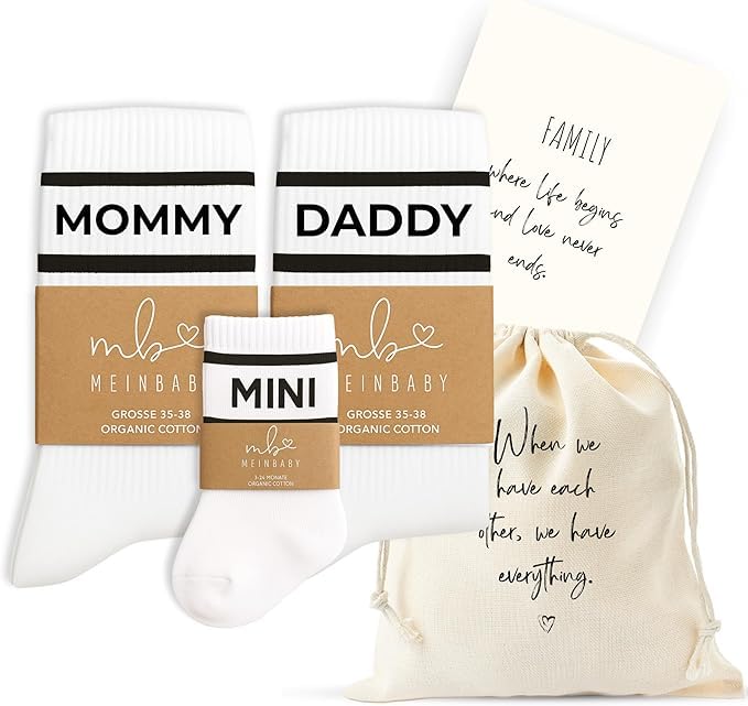 MeinBaby123® Geschenk zur Geburt, Baby Socken, Mama Socken, Papa Socken, Geschenk Babyparty (Schwarz: Mommy, Daddy, Mini (3er Set), Mommy 35-38, Daddy 43-46, Mini 3-24 Monate)