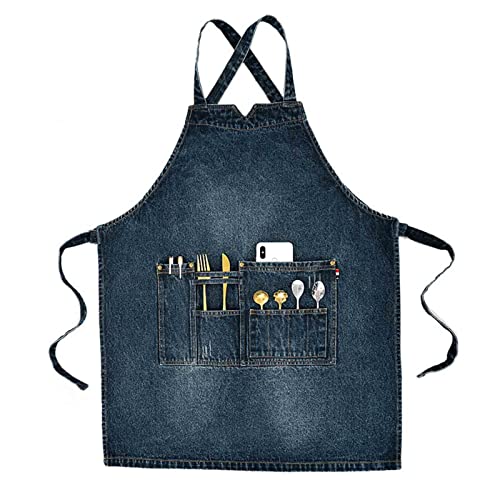 Barberology Delantal de Peluquero Delantales de Mezclilla para Hombres Delantal de Chef Cruzado en la Espalda con Bolsillos para Cocineros Camareros