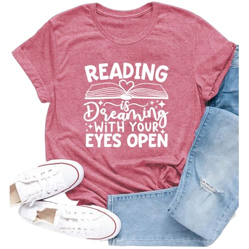 Cutesong Womens Reading Shirt Reading is Dreaming with Your Eyes Open T-Shirt Bookworm Librarian Tee Top Pink