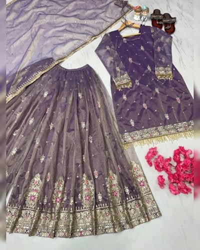 Image of Women's Designer Sharara Suit Set, Purple Silk with Zari Embroidery, Traditional 3-Piece Ethnic Wear
