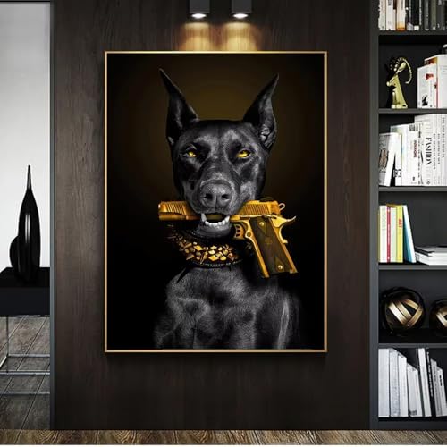 Toile chien noir et pistolet doré déco salon | Grand tableau d'art animalier