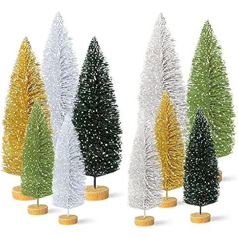 Small Snow Christmas Tree 10Pcs Artificial Frost Trees Bottle Brush Fake Trees with Wooden Base Mini Ornaments Tabletop Trees Plastic Winter DIY Crafts Mini Pine Tree for Tabletop Decorative Cover