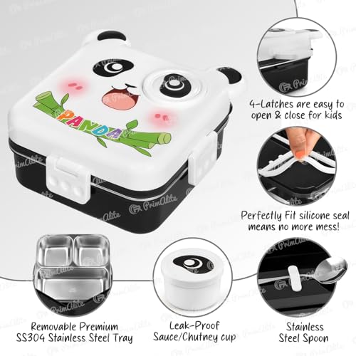 Image of Primalite Kids Panda Theme Stainless Steel Bento Lunch Box for School, 3-Compartment, Sauce Jar & a Spoon, Leak-Proof with Seal Ring Design & Multiple Lock-Design Tiffin, Air-Tight- 1100ML- White