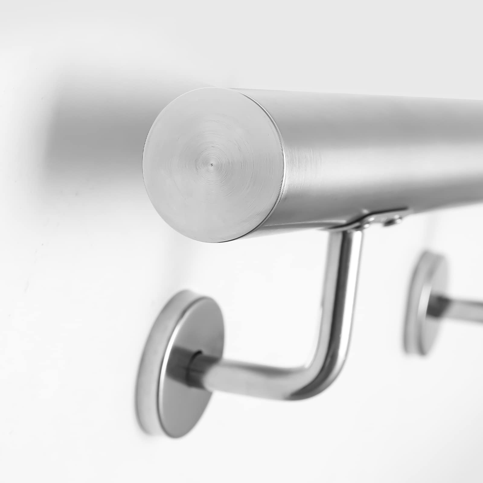 Fiqops Pasamanos de acero inoxidable, 150 cm de diámetro, 42 mm de diámetro, pasamanos de pared, escaleras para exterior e interior, estable, incluye soportes de pared, material de montaje