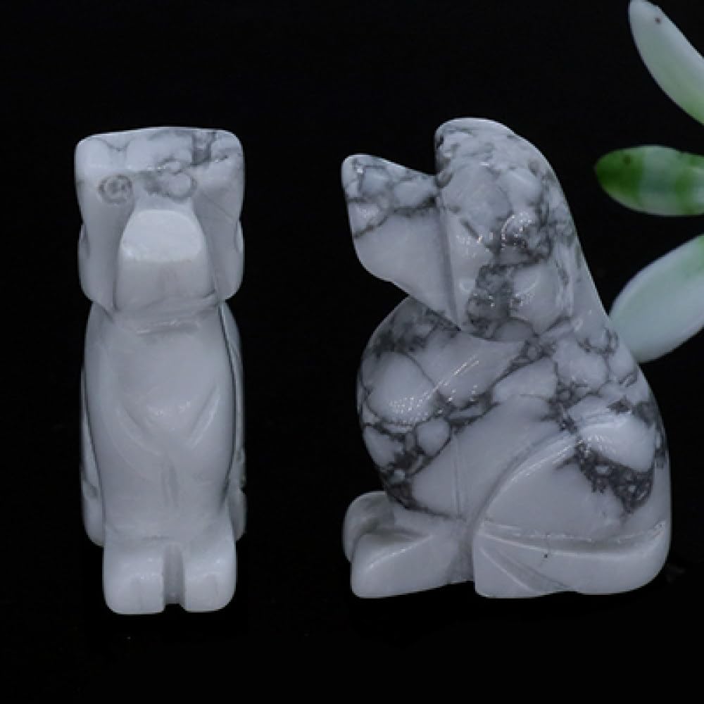 Artisanat en pierre naturelle : chiens sculptés en howlite blanche