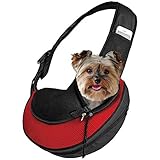 Expandable Pet Carrier Sling Bag - Small Dog, Puppy and Cat Carrier Front Shoulder Backpack w/Harness Strap - Carrying Pouch for ESA, Animal Travel - PU Leather Bottom, Mesh Pocket by Katziela (Red)