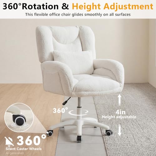 Image of FOXHUNTER Vanity Chair with Wheels Comfy Home Office Desk Chairs with Pillow, 360 Swivel,Adjustable Height Makeup Vanity Chairs for Living Room, Bedroom(Teddy, White-Upgraded Oversized)