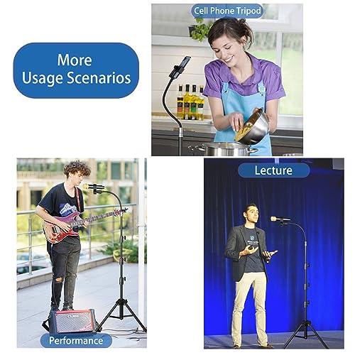 Image of Kereal Microphone Stand - Black, Metal, Gooseneck, Adjustable Height 21 inch to 75 inch, Portable, 2 Mic Clips, Phone Holder, For Studio, Stage, Karaoke, DJ, Kids