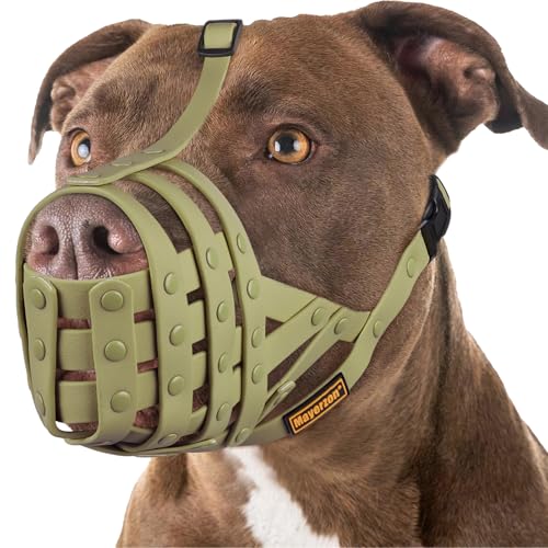Image of Mayerzon Pitbull Dog Muzzle for Large Medium Dogs Prevent Biting Scavenging | Fits Rottweiler Amstaff Broad-nosed Breed, Sturdy Breathable Basket, Training Walking Use, Allows to Drink | Green, M