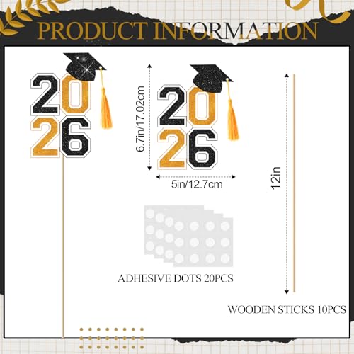 Image of 10 Pcs Graduation Table Centerpieces Sticks with Tassels, class of 2026 Grad Cap Picks Table Decoration Cupcake Toppers for Party Centerpiece Decoration Supplies(Black and Gold)