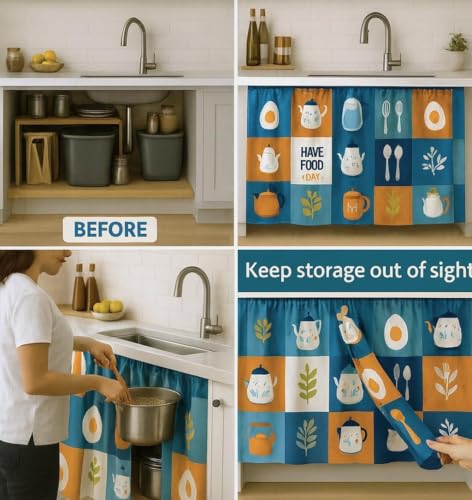 Image of Premium Printed Kitchen Sink Curtain | Washable & Dustproof Rod Pocket Counter Skirt | Perfect for Any Sink,Counter | Multicolor Cooking (KITLI, Pack of 1)