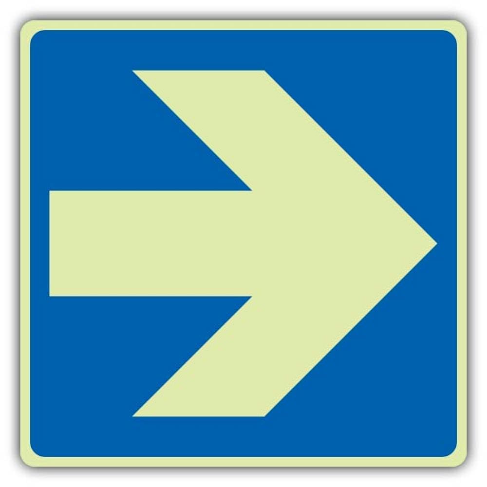V Safety - Señal de símbolo de flecha derecha que brilla en la oscuridad, formato de símbolo, 450 x 450 mm, vinilo autoadhesivo de triple brillo, señalización de seguridad contra incendios, fabricado