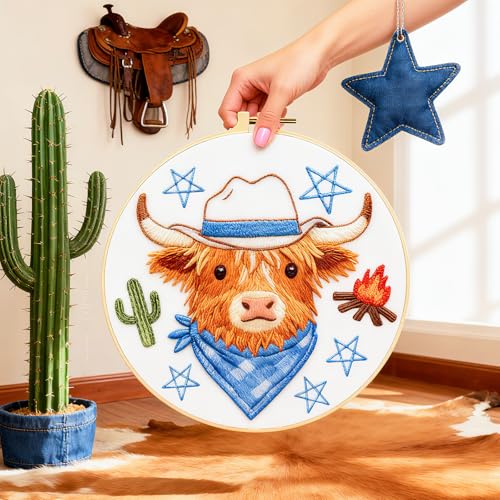 Image of BEUNITONE 4 Set Embroidery Kit for Beginners, Animal Cowboy Patterns Cross Stitch Kits, Needlepoint Kits for Adults with Hoop, Cute Hand Embroidery Patterns for Cloth and Home Decor