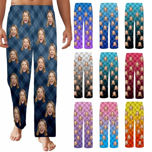 YESCUSTOM Custom Face Pajama Pant for Women Man, Personalized Gradient Plaid Pajama Trousers PJ Bottoms for Christmas Him Her
