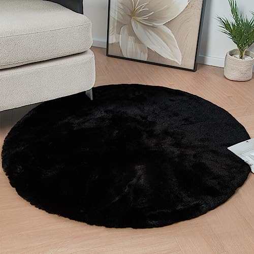 Black Round Plush Rugs for Bedroom Faux Bunny Fuzzy Washable Fur Area Rugs for Living Room Small Circle Nursery Rug 4ft Cute Room Décor
