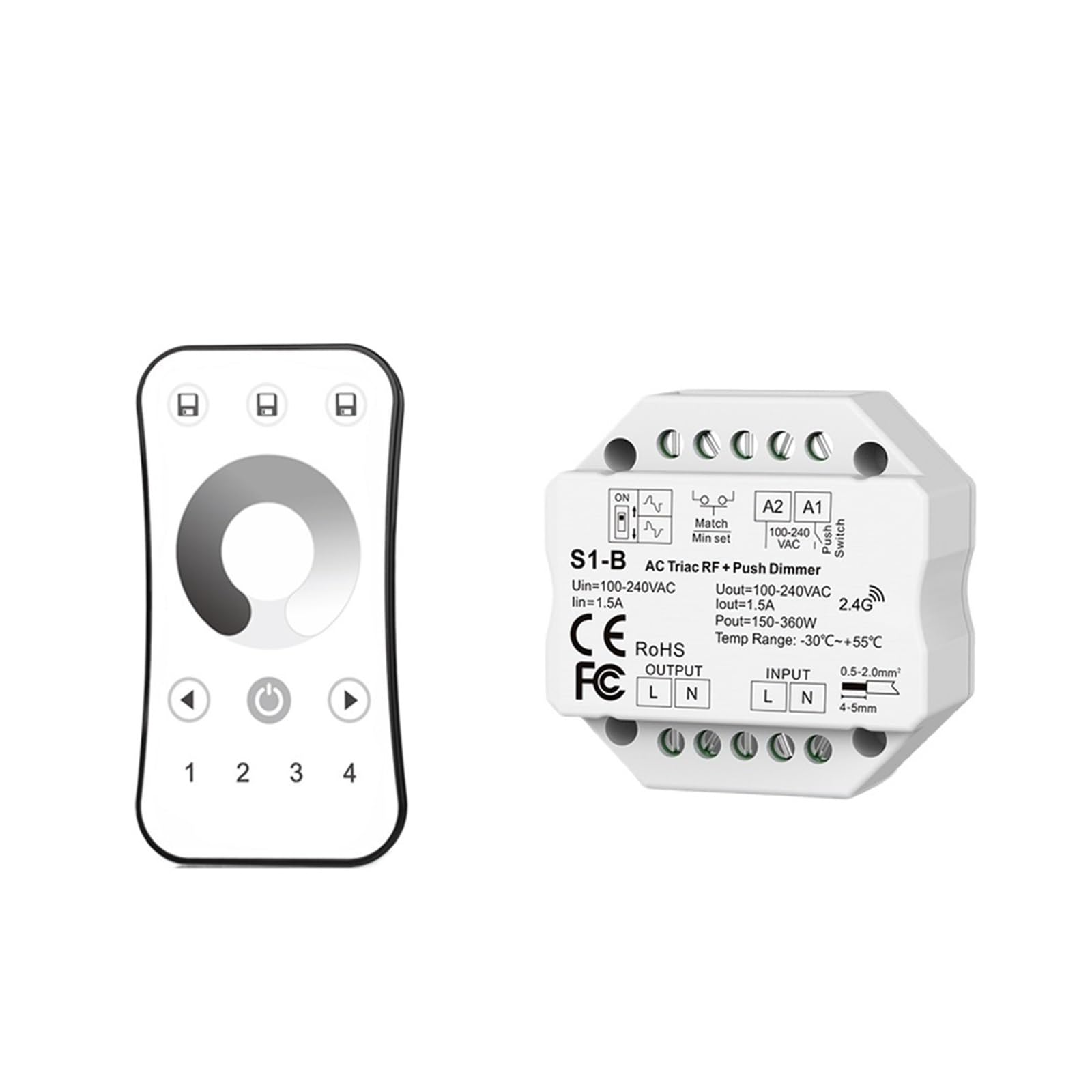 2.4G AC Triac LED Dimming Controller 110V 220V 230V Button Switch Wireless 1/4 Zone RF Remote Control Monochrome Lighting(S1 B and R6)