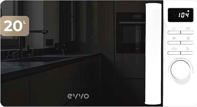 EVVO Microondas M20 White, 20L de Capacidad, Grill 800W, Puerta Efecto Espejo, Multifunción, Función Descongelar, Temporizador 60 Minutos,Display Digital (Acabado Blanco)