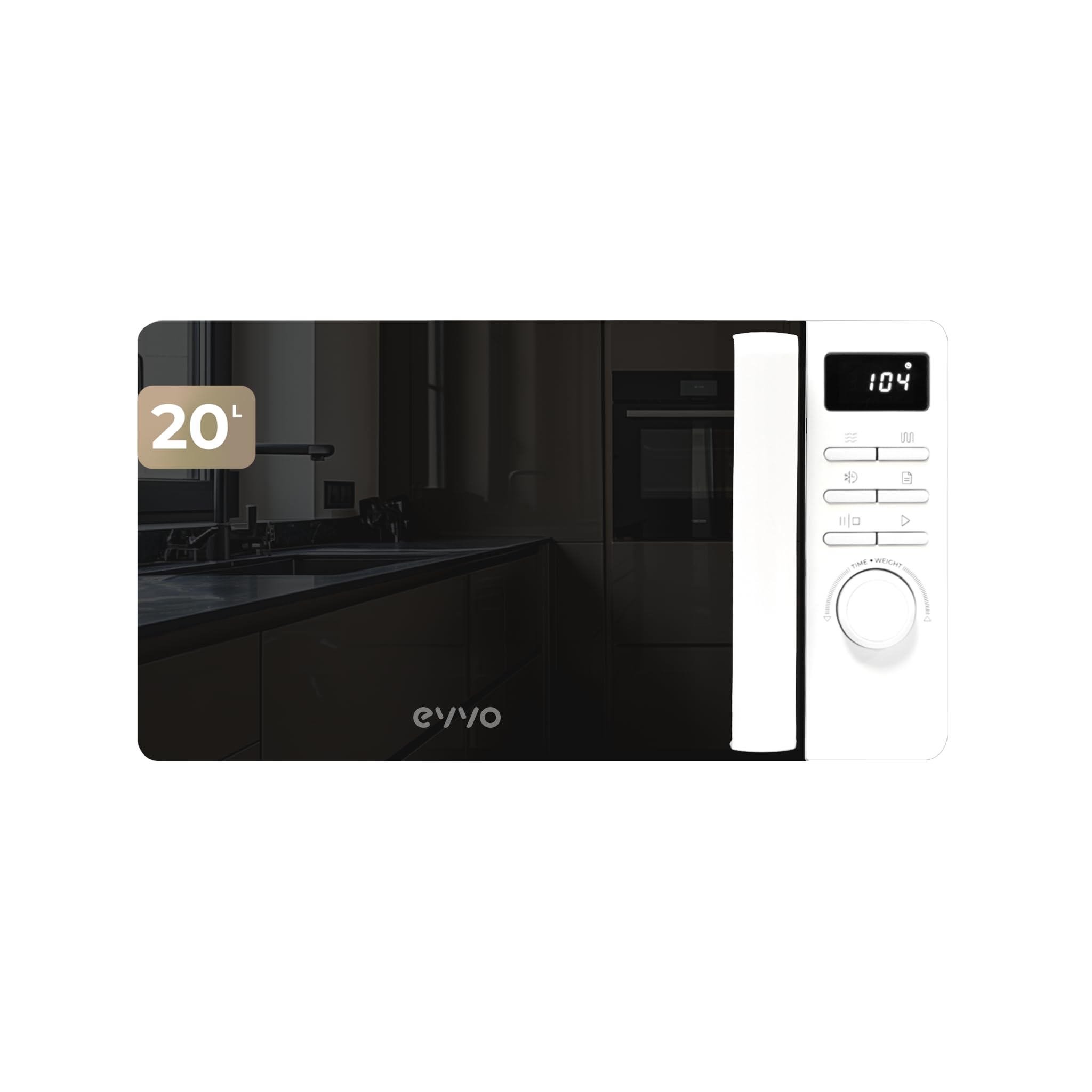 EVVO Microondas M20 White, 20L de Capacidad, Grill 800W, Puerta Efecto Espejo, Multifunción, Función Descongelar, Temporizador 60 Minutos,Display Digital (Acabado Blanco)
