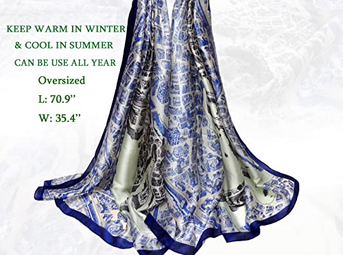 Iristide Long Silk Scarf Summer Lightweight Satin Shawl Outdoor Floral Large Wrap 70''X35'',04-Blue #TOP3