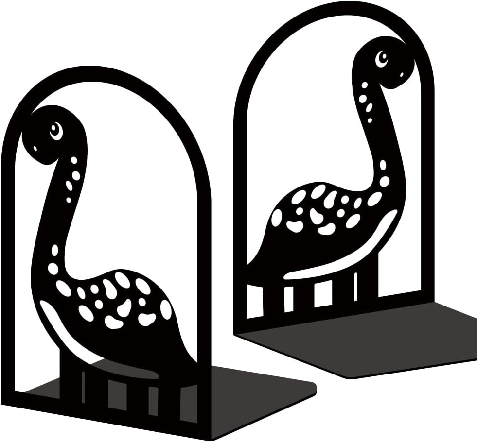 INFUNLY 1 Pair Metal Book Ends for Shelves Dinosaur Heavy Duty Bookshelf Holder Stand Black Book Stopper Support for Desktop 7.1x4.7x3.5 for Home Office Library School Kitchen Decor