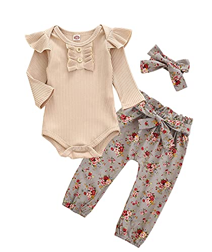 Image of Newborn Baby Girls Outfits Flying Sleeve Romper+Cute Pants+Headband 3PC Infant Girl Clothes Set Yellow