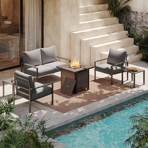 Metal Patio Furniture Set w/Fire Pit Table, 6-Piece Modern Outdoor Conversation Set with 5-Inch Thick Cushions, Outdoor Furniture Set for Garden, Backyard, Balcony, Poolside (Dark Grey)