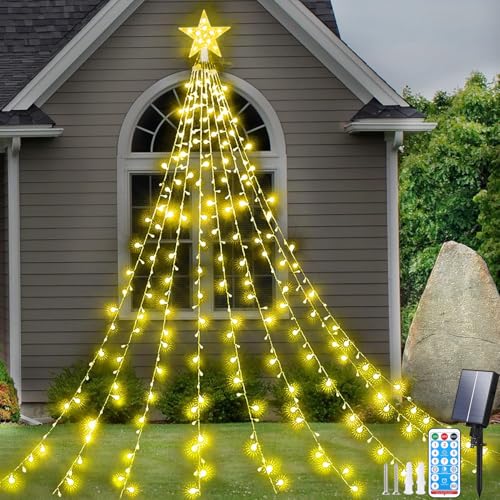 Aofonchy Solar Christmas Lights, 2M/ 6.6FT x 9 Strands Waterfall Lights with Topper Star