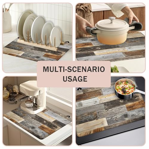 Image of Multi-Design Silicone Stove Cover for Glass /Electric Stoves - 3-in-1 Heat-Resistant Protector Mat, Non-Slip Drying Rack (Rustic Wood Grain Pattern, 28 inch L x 20 inch W)