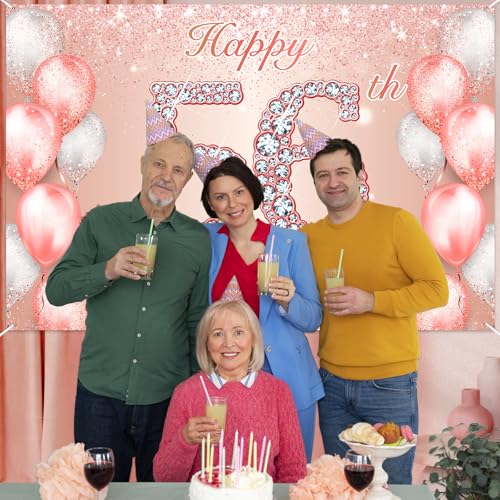 Image of Happy 56th Birthday Rose Gold Banner Cheers to 56 Years Old Backdrop Confetti Balloons Theme Decor for Women 56 Years Old Pink Birthday Party Decorations Bday Supplies Background Favors Gift Glitter