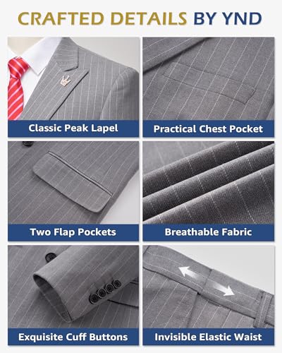 YND Men's 2 Piece Double-Breasted Suit, Slim Fit Stripe Tuxedo Set with Tie, Party Wedding Dress Blazer, Tux and Trousers3