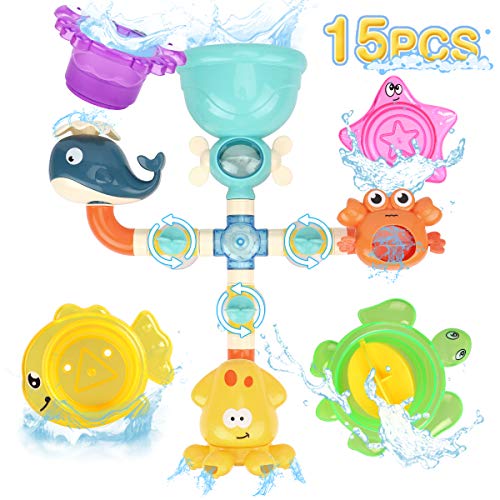 GILOBABY Baby Bath Toys for Toddlers Kids 3 4 5 Years Old 15PCS Early Educational Animal Assemble Toy Set with Stacking Cups for Babies Girls Boys
