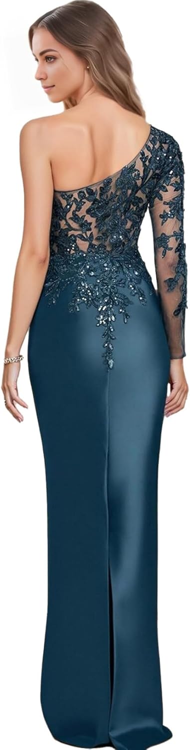 Satin Evening Gown One Shoulder Dress Long Sleeve Sequin Embellished Lace Mesh Mermaid Formal Maxi Dress for Women