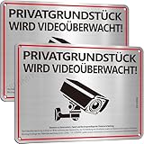 Privatgrundstück Videoüberwachung Schild Aluminium Gebürstet 20x15cm, 2 Stück Videoüberwacht Schilder mit DSGVO Hinweis, Selbstklebende Rückseite, 4 Bohrlöcher