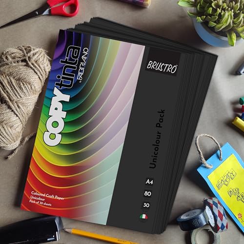 Image of BRUSTRO Copytinta Coloured Craft Paper A4 Size 80 GSM Black Shade (Nero), 60 Sheets Pack | Double Side Colored, Ideal for Origami, Scrapbooking, Making Card, DIY Art & Craft.