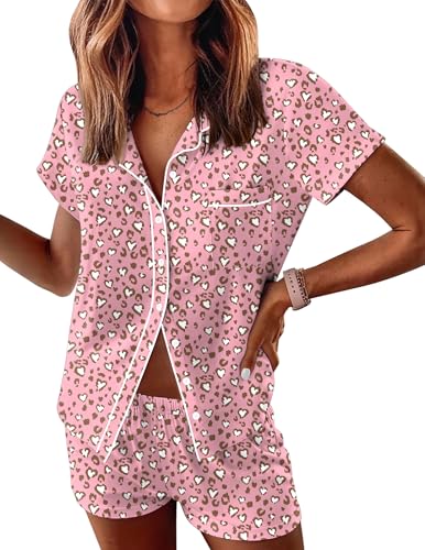 Image of Ekouaer Womens Pajama Sets Button Down Lounge Set 2 Piece Loungewear Soft Sleepwear Short Sleeve Pjs with Pockets