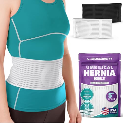BraceAbility Umbilical Hernia Belt - Abdominal Binder Truss with Compression Pad for Belly Button, Navel, Ventral, Epigastric, Hiatal Hernia Relief, Support Brace for Men or Women (S/M 5' White)