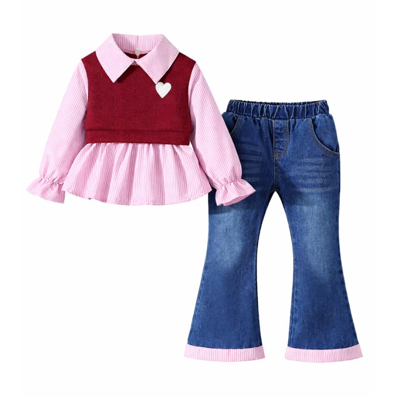 OrJana Completo Bambina 2 Pezzi Primavera Autunno, Camicetta a Righe con Gilet Cuore e Jeans a Zampa, Stile Preppy