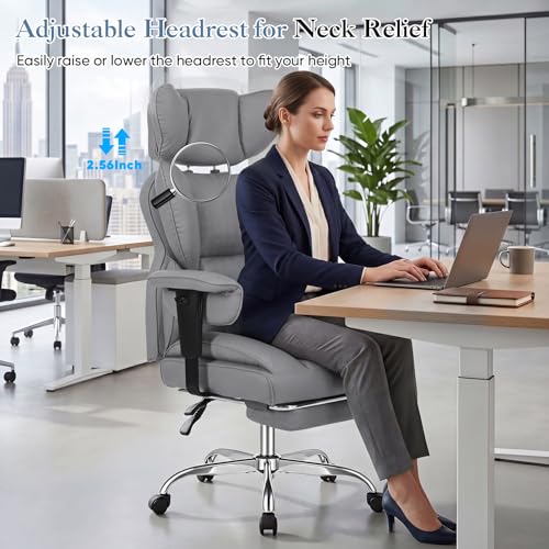Image of DUMOS Big and Tall Home Office Desk Chair, Ergonomic Executive Chair with Footrest, Computer Gaming Chairs with High Back Reclining, Adjustable Armrests and Comfy Lumbar Support, PU Leather, Grey