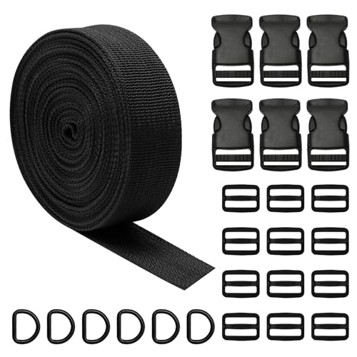 5.4 Metres Nylon Webbing Strap 25mm, Backpack Straps Heavy Duty Black, Strap Adjustable with Clips Buckles for Backpack Dog Collar DIY Craft