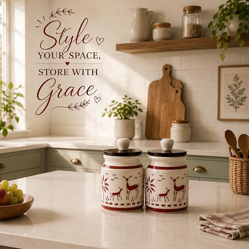 Image of Ceramic Kitchen Jars for Storage | Air Tight Containers with Wooden Lids | Masala, Salt, Pickle, Dry Fruits & Multi Utility Items Organiser Set (Hand-Painted, Red Deer, 450 ML, Pack of 2)