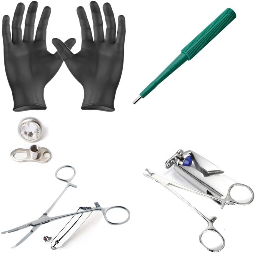Dermal piercing Kit-2 Forceps 10 Clear Dermal Tops Sets 10 Punches 2 Gloves