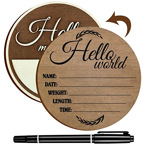 Image of Namalu Hello World Baby Announcement Sign Birth Announcement Sign for Hospital Wooden Newborn Name Plaque with Marker Pen or Baby Name and Birth Detail, 5.9 Inch(Brown)
