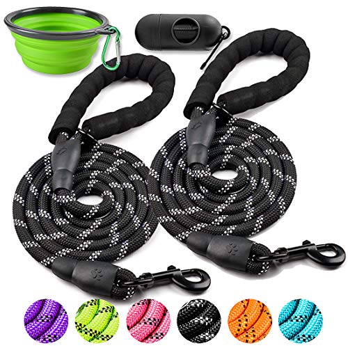 COOYOO 2 Pack Dog Leash 5 FT Heavy Duty - Comfortable Padded Handle - Reflective Dog Leash for Medium Large Dogs with Collapsible Pet Bowl