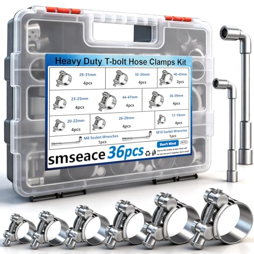 smseace 36Pcs 17-47mm T-bolt Hose Clamps 304 Stainless Steel 9-sizes Heavy Duty T bolt Hose Clamps with M8 and M10 Socket Wrenches