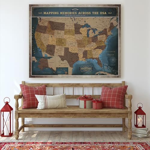 Image of DECORARTS - USA Push Pin Travel Map, Vintage Explorer-Style Canvas Wall Art in Blue, Archival Giclee Print, Hand-Stretched Canvas, Living Room & Office Wall Decor, for Travelers, Made in USA, 35x28''