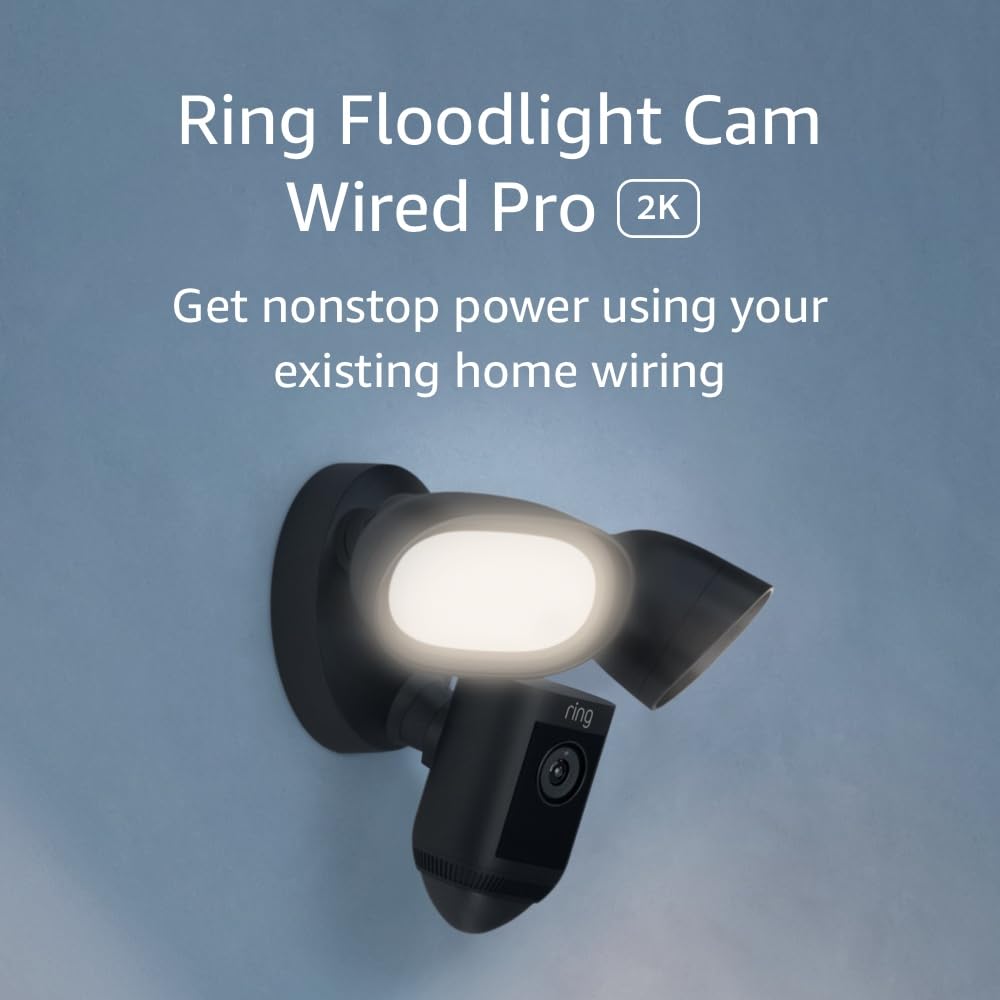 Ring Floodlight Cam Wired Pro, Home or business security, Retinal 2K Video, Color Night Vision and Two-Way Talk with Audio+, Black