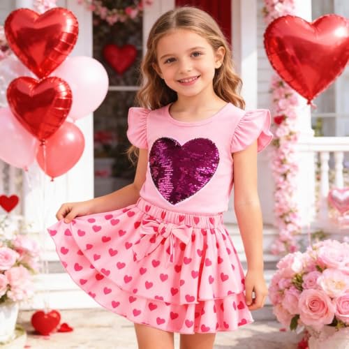 Image of Girls Skirt Set 2 Piece Outfit Toddler Summer Clothes Ruffle Sleeve T-Shirt Bow Knot Tutu Skirt Outfit Set